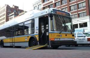 Boston MBTA bus with ramp down